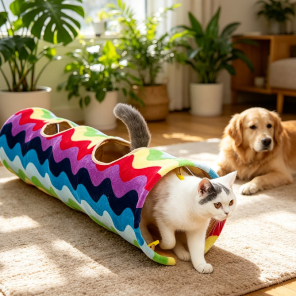 Foldable Rainbow Cat Tunnel with Plush Ball