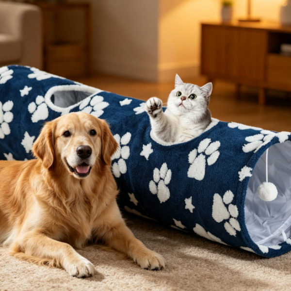 Foldable Straight Cat Tunnel with Ball (Blue Paw Print)