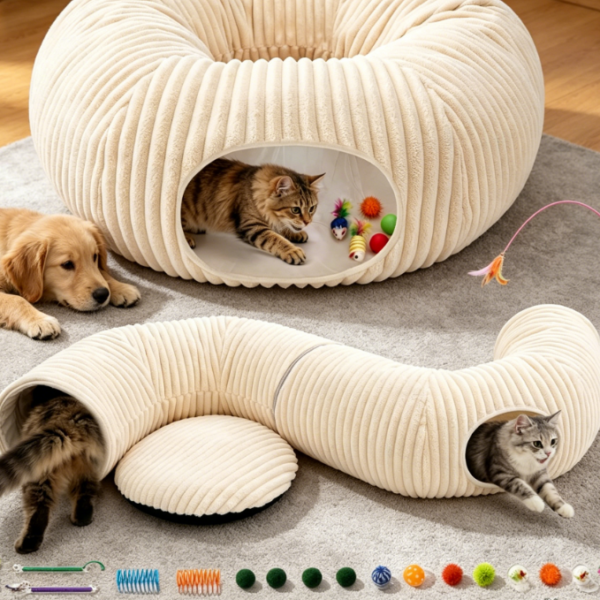 Foldable Cat Tunnel Bed with Toy