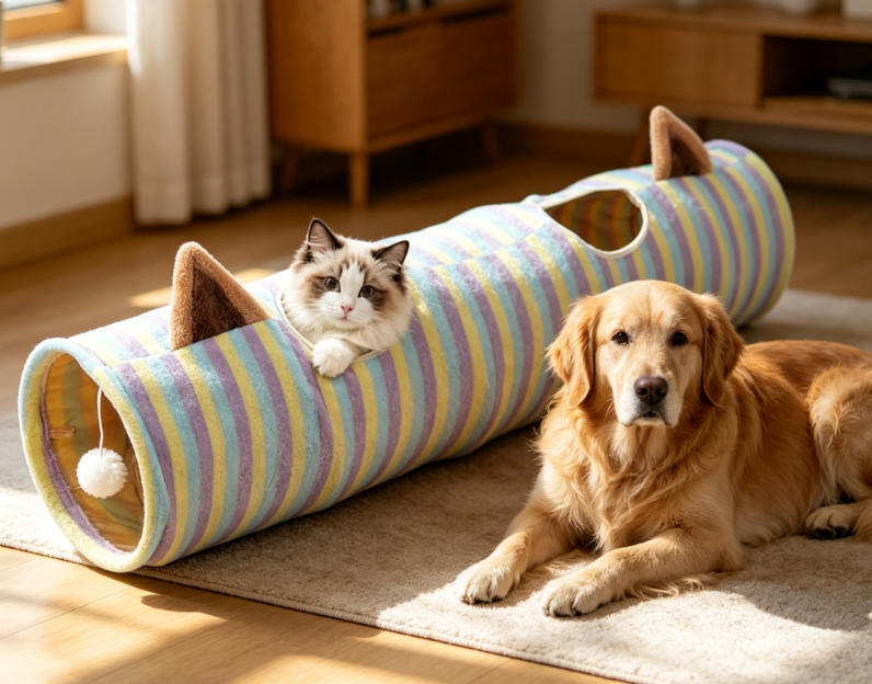Colorful Striped Foldable Pet Tunnel with Ball